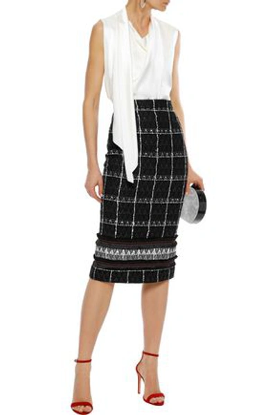 Shop Roland Mouret Woman Norley Fringe-trimmed Cotton-blend Tweed Pencil Skirt Black