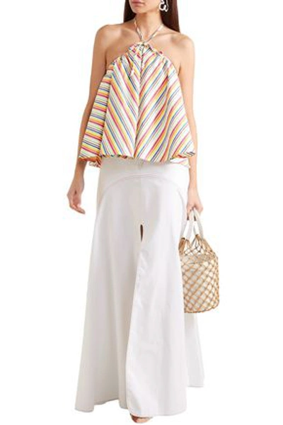 Shop Rosie Assoulin Striped Cotton-blend Seersucker Halterneck Top In Ecru