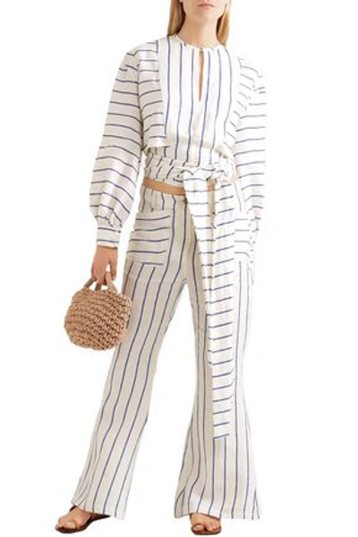 Shop Rosie Assoulin Striped Linen Flared Pants In Ivory
