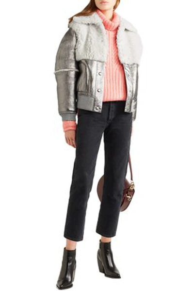 Shop See By Chloé Shearling-paneled Metallic Leather Jacket In Silver