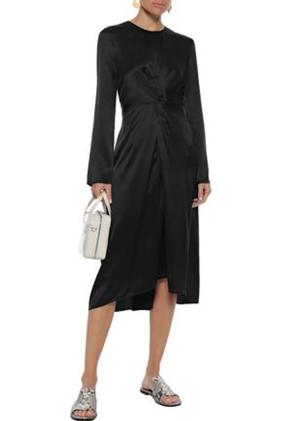 Shop Vince Asymmetric Pleated Silk-satin Dress In Black