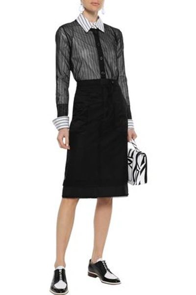 Shop Thom Browne Woman Layered Mesh And Wool-twill Pencil Skirt Black