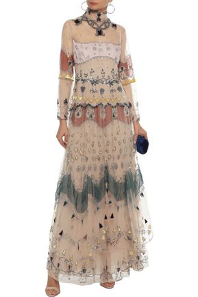 Shop Valentino Woman Wrap-effect Crystal-embellished Tulle Gown Brown