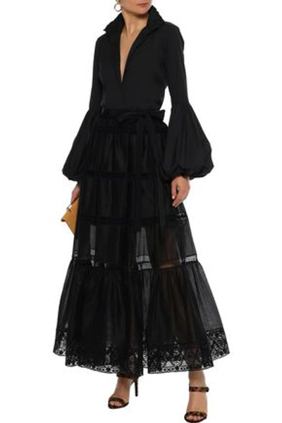 Shop Alberta Ferretti Woman Guipure Lace-paneled Cotton-blend Maxi Skirt Black