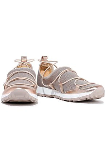 Shop Jimmy Choo Andrea Metallic Leather-trimmed Stretch-mesh Sneakers In Antique Rose