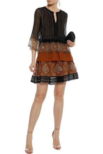 Shop Alberta Ferretti Woman Silk-georgette And Guipure Lace Mini Skirt Brown