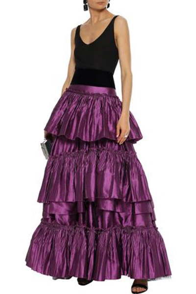 Shop Alberta Ferretti Woman Tiered Ruffled Linen-blend Satin-twill Maxi Skirt Purple
