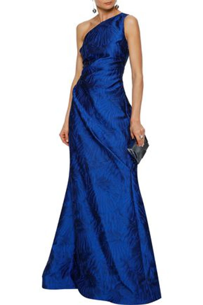 Shop Reem Acra One-shoulder Gathered Cloqué-jacquard Gown In Cobalt Blue