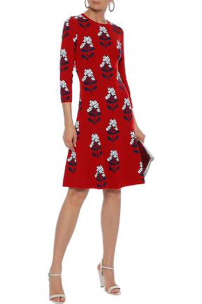 Shop Carolina Herrera Woman Flared Wool-blend Floral-jacquard Dress Crimson