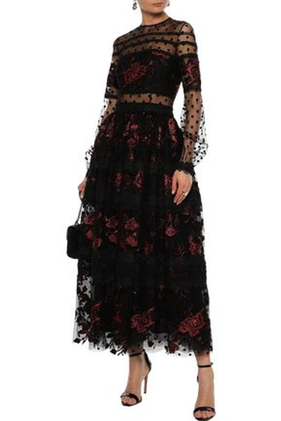 Shop Costarellos Woman Flocked Tulle And Sequin-embellished Guipure Lace Gown Black