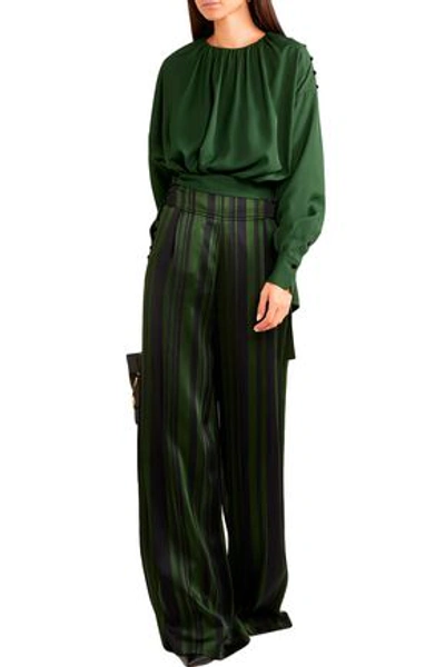 Shop Adeam Belted Button-embellished Gathered Twill Blouse In Dark Green