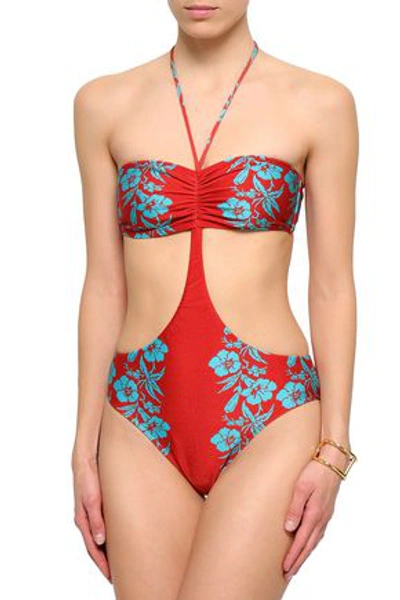 Shop Adriana Degreas Woman Cutout Ruched Printed Swimsuit Red