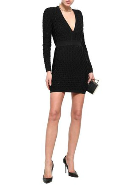 Shop Balmain Woman Bead-embellished Smocked Stretch-knit Mini Dress Black