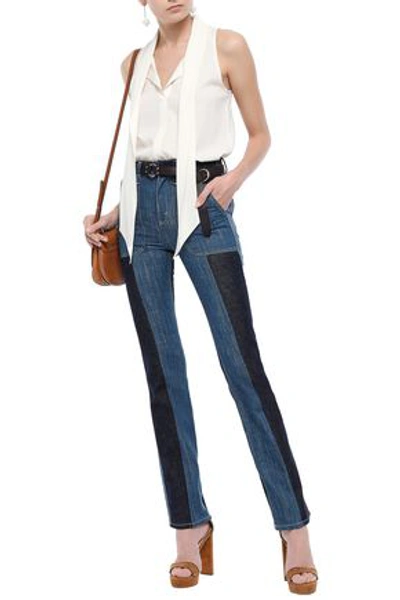 Shop Chloé Two-tone High-rise Slim-leg Jeans In Mid Denim