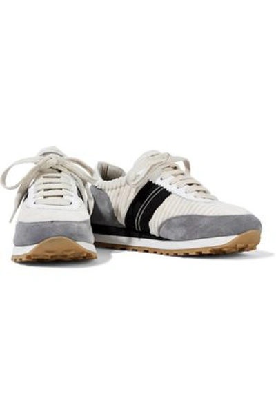Shop Brunello Cucinelli Bead-embellished Corduroy And Suede Sneakers In Gray