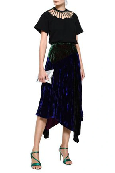 Shop Christopher Kane Woman Asymmetric Two-tone Crushed-velvet Midi Skirt Indigo