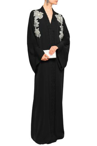 Shop Dolce & Gabbana Lace-trimmed Appliquéd Stretch-silk Gown In Black