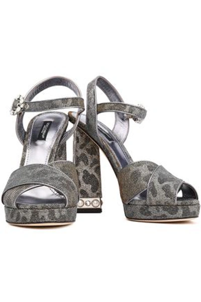 Shop Dolce & Gabbana Embellished Leopard-print Textured-lamé Platform Sandals In Silver