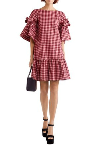 Shop Fendi Ruffled Bow-embellished Checked Cotton-poplin Mini Dress In Red