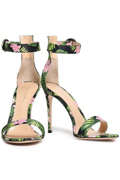 Shop Gianvito Rossi Portofino 105 Floral-print Satin Sandals In Leaf Green