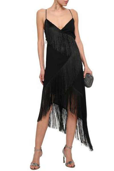 Givenchy Asymmetric Fringed Wool-crepe Wrap-effect Midi Dress In Black