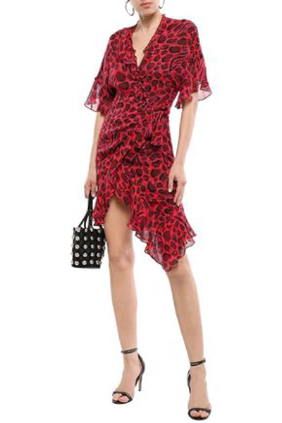 Shop Iro Link Asymmetric Leopard-print Chiffon Mini Wrap Dress In Crimson
