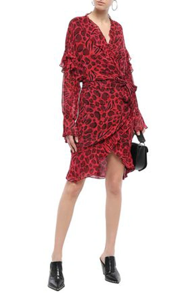 Shop Iro Woman Linger Ruffled Leopard-print Chiffon Mini Wrap Dress Crimson