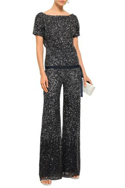 Shop Jenny Packham Lace-up Embellished Tulle Top In Midnight Blue