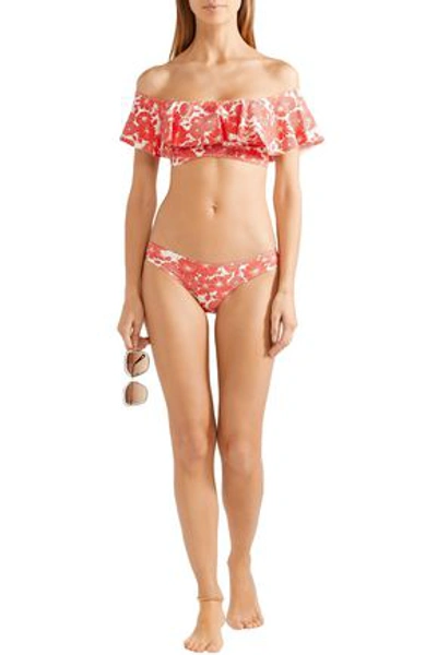 Shop Lisa Marie Fernandez Mira Off-the-shoulder Ruffled Floral-print Stretch-cotton Bikini Top In Papaya