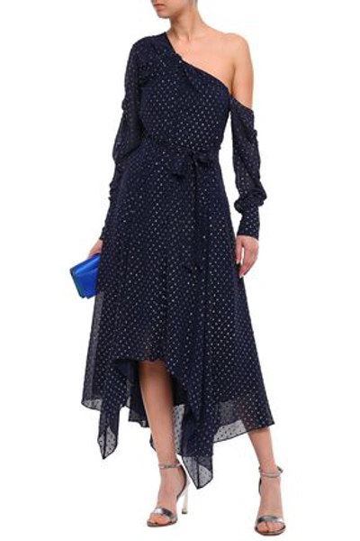 Shop Jonathan Simkhai One-shoulder Twist-front Fil Coupé Georgette Midi Dress In Midnight Blue