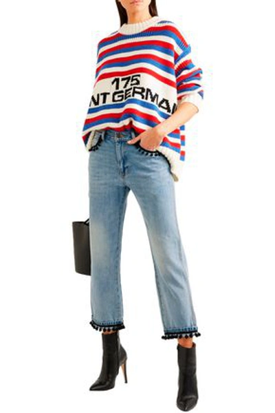 Shop Marc Jacobs Pompom-embellished Slim Boyfriend Jeans In Light Denim