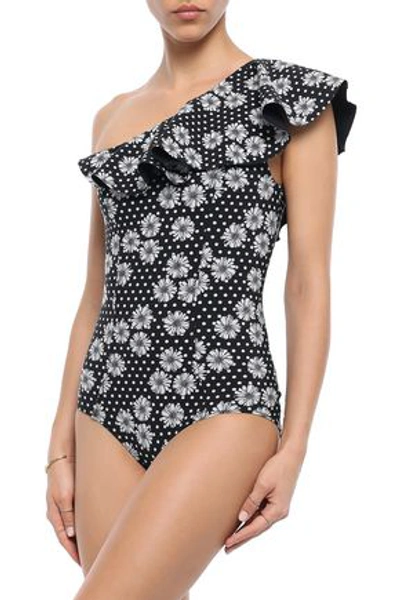 Shop Lisa Marie Fernandez Arden One-shoulder Ruffled Floral-print Swimsuit In Black