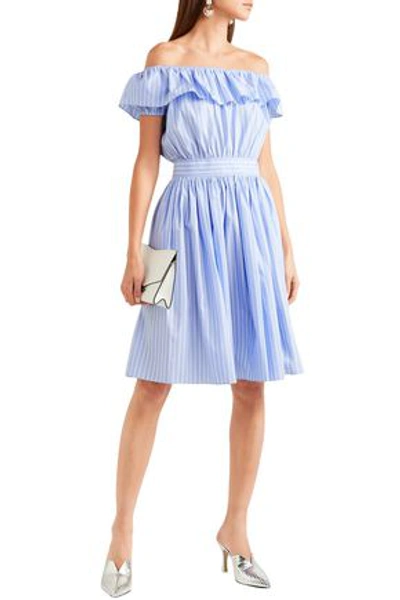 Shop Miu Miu Woman Off-the-shoulder Ruffled Striped Cotton-poplin Dress Light Blue