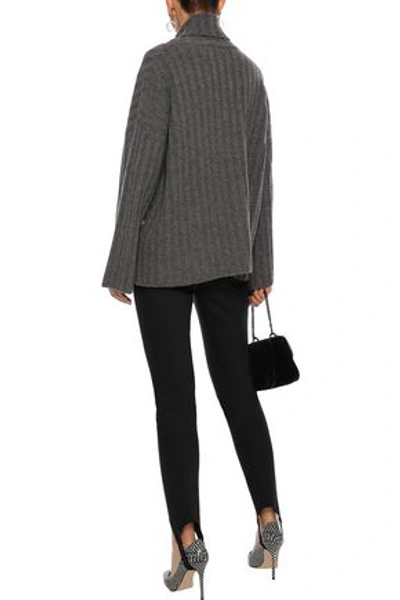 Shop Milly Button-detailed Ribbed Cashmere Turtleneck Sweater In Dark Gray