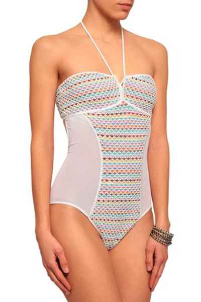Shop Missoni Jacquard And Mesh Halterneck Swimsuit In White