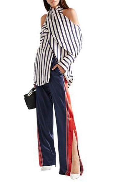 Shop Monse Snap-detailed Striped Stretch-silk Satin Track Pants In Navy