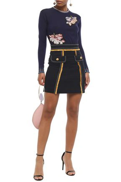 Shop Peter Pilotto Woman Frayed Cotton-blend Twill Mini Skirt Navy