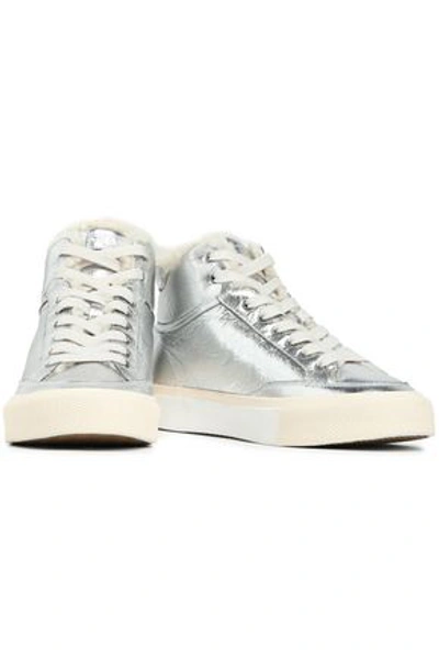 Shop Rag & Bone Shearling-trimmed Crinkled Metallic Leather Sneakers In Silver