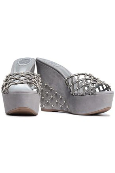 Shop René Caovilla Rene' Caovilla Woman Embellished Laser-cut Suede Wedge Sandals Light Gray