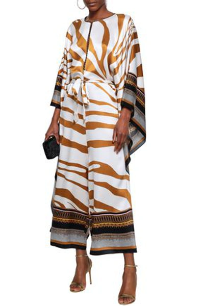 Shop Roberto Cavalli Woman Draped Printed Silk-satin Jumpsuit Light Brown