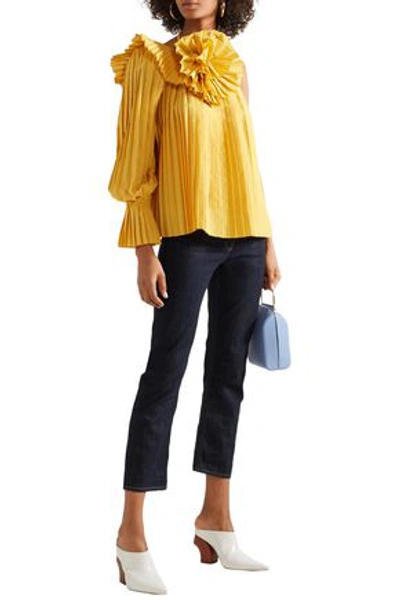 Shop Rosie Assoulin Woman One-shoulder Floral-appliquéd Pleated Poplin Blouse Marigold