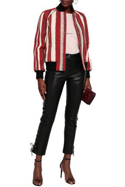 Shop Saint Laurent Woman Striped Wool And Cotton-blend Bomber Jacket Red