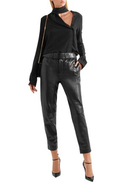 Shop Saint Laurent Woman Leather Slim-leg Pants Black