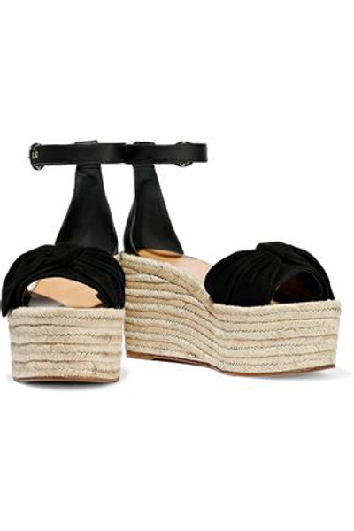 Shop Valentino Bow-embellished Leather And Suede Wedge Espadrille Sandals In Black