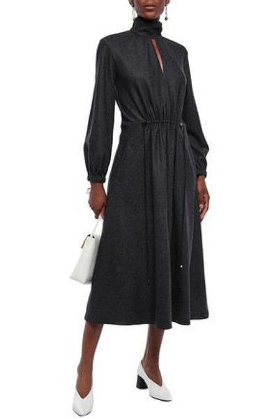 Shop Tibi Woman Cutout Pinstriped Wool And Cotton-blend Midi Dress Midnight Blue