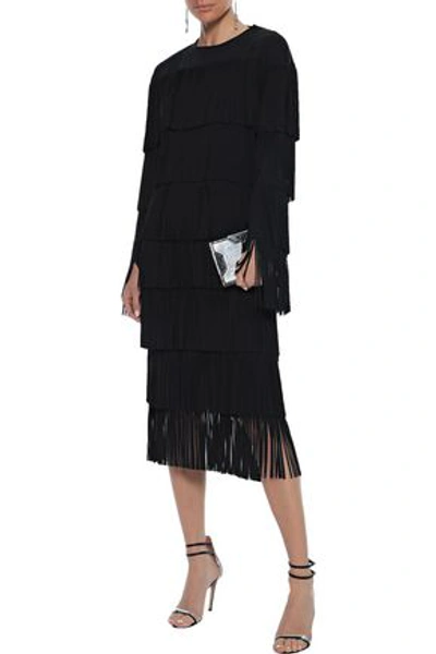 Shop Tom Ford Tiered Open-back Fringed Ponte Midi Dress In Black