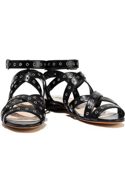 Shop Valentino Eyelet-embellished Leather Sandals In Black