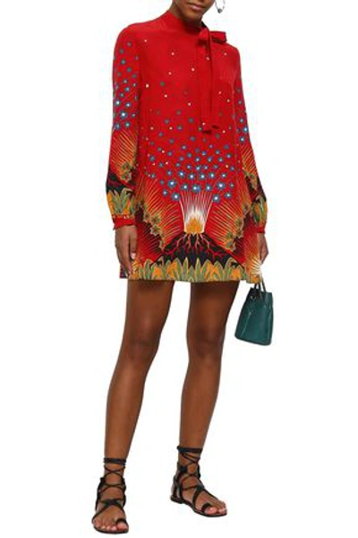 Shop Valentino Pussy-bow Printed Silk Crepe De Chine Mini Dress In Brick