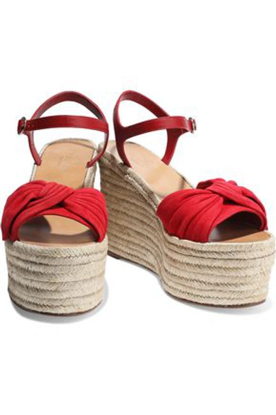 Shop Valentino Bow-embellished Suede And Leather Wedge Espadrille Sandals In Red