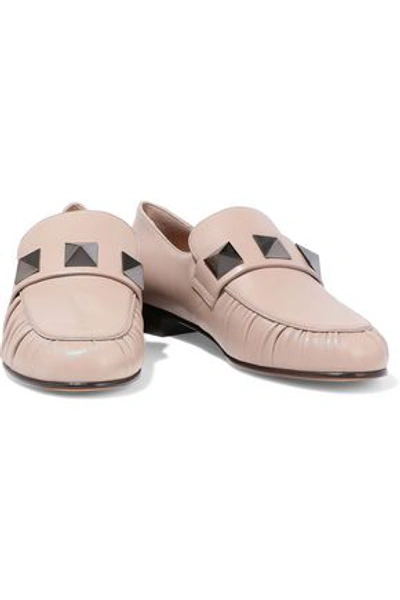 Shop Valentino Garavani Woman Studded Leather Loafers Neutral